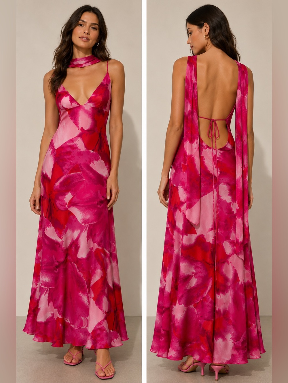 Zara Foulard Print Long Dress in the stunning pink floral watercolor print SZ XL